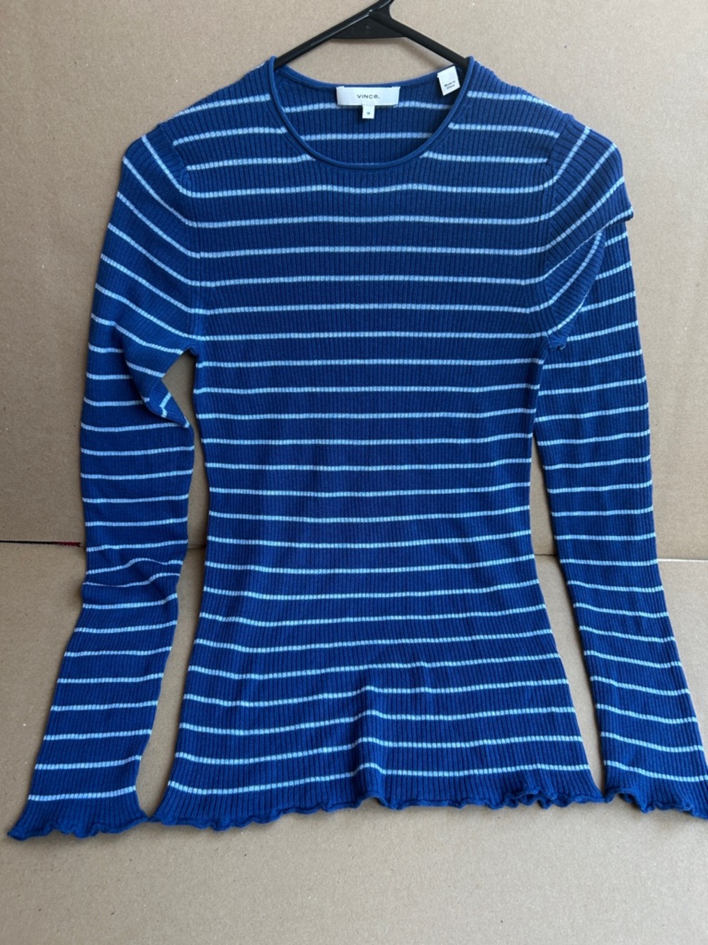 Vince Navy and Light Blue Striped Ribbed Long-Sleeve Top